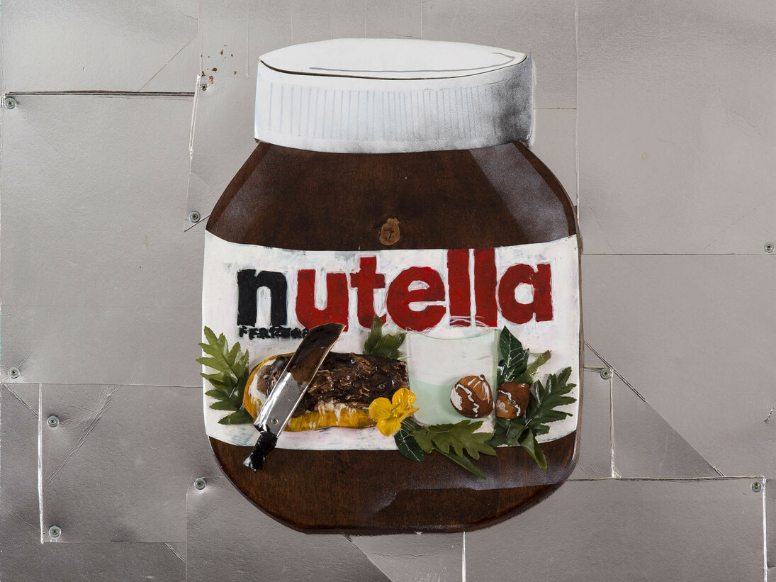 Marcello Reboani, Nutella, 2015, tecnica mista con materiali di recupero, 62 x 62 cm, ph Giorgio Benni