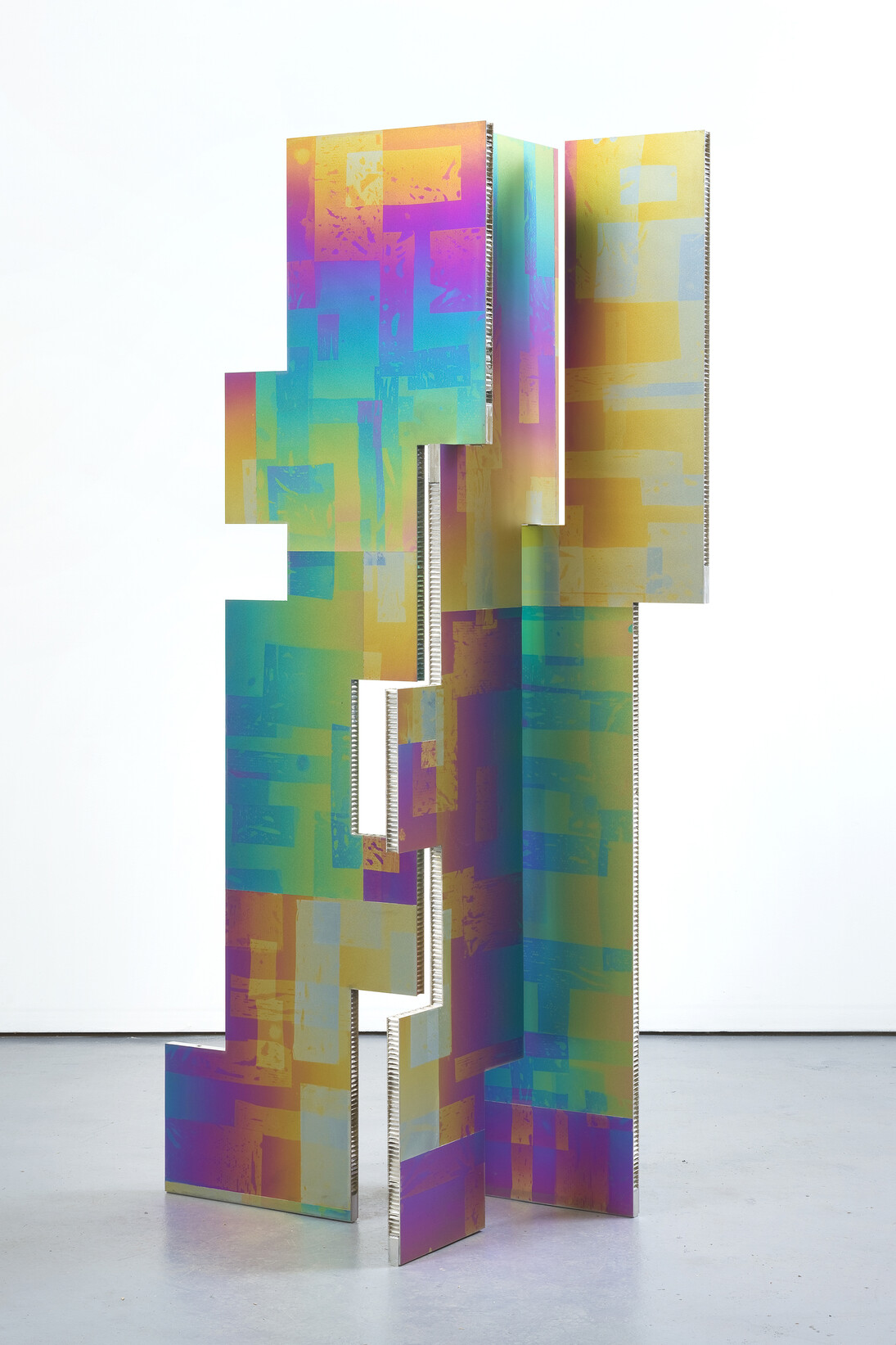 Mark Hagen, A parliament of some things (Additive and Subtractive Sculpture, Titanium Screen, Panels 6, 7, 8), 2014, Anodized and etched titanium on aluminum honeycomb panel, 3 parts: 84” x 24” (6); 84” x 24” (7); 84” x 30” (8), © Mark Hagen - Photographer unknown, all rights reserved, Courtesy of the Artist and Almine Rech Gallery