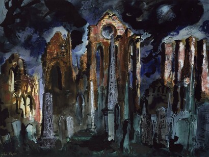 John Piper (1903–1992), The Abbey from the Churchyard, Arbroath, 1982, Brush and Indian ink with watercolour, bodycolour and coloured chalks on paper, 57.2 x 67.5 cm © The Piper Estate