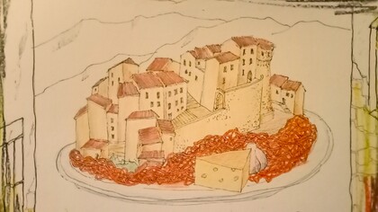 Frasso: "se insinùa entre muros ajenos" (si insinua tra muri altrui). Disegno di Renato Vivaldi-Tesser