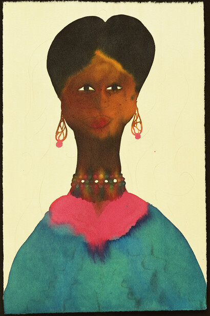 Chris Ofili, “Untitled (Afromuse),” 1995–2005. Watercolor and pencil on paper, 9 3/5 x 6 1/5 in (24.3 x 15.7 cm). Courtesy the artist and David Zwirner, New York/London. ©Chris Ofili