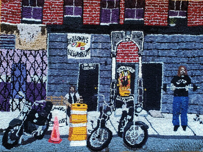 Mary Tooley Parker, Hells Angels NYC Headquarters 1980s, 2020. Signed, dated, and titled on label on verso, hooked tapestry, 25 x 34 inches. Courtesy of Kenise Barnes Fine Art