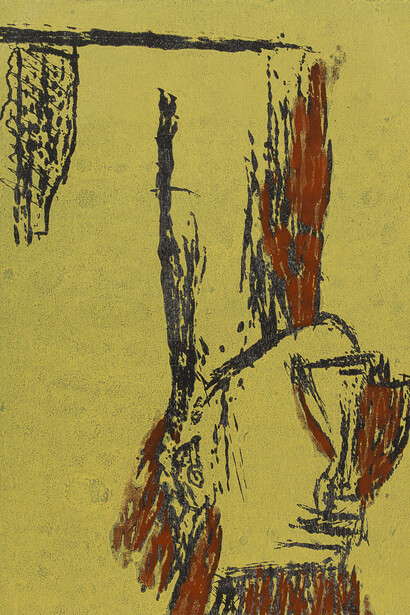 Georg Baselitz, Kopf und Flasche, 1981-1982, Xylographie en noir, rouge et jaune ; Papier offset apprêté, image: 1002 x 795 mm; feuille: 1238 x 880 mm. © Musées d’art et d’histoire, Ville de Genève, Cabinet d'arts graphiques. Photo: André 