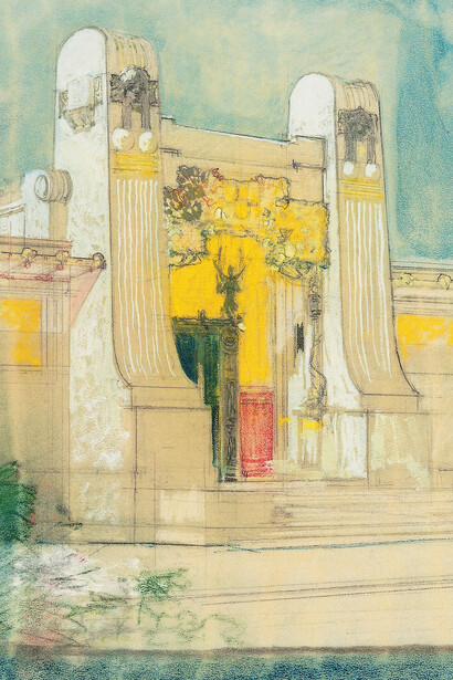 Joseph Maria Olbrich, Entwurf für das Ausstellungsgebäude der Wiener Secession, Perspektive, 1897. Bleistift, Kohle, Farbstifte und Deckfarben auf hellbraunem Zeichenkarton, 44,9 x 29,9 cm. Kunstbibliothek, Staatliche Museen zu Berlin, Berlin.
