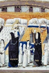 Sala dell’Hotel Dieu a Parigi. Musée de l’Assistance Publique, miniatura da un manoscritto del XV sec.