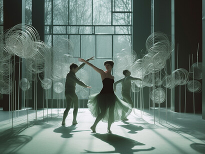 Spettacolo di danza in una città futuristica, immagine realizzata con IA