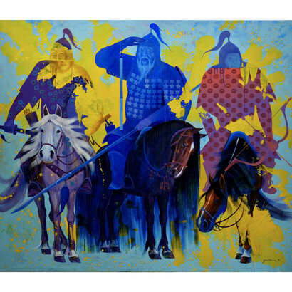 Zayasaikhan Sambuu, Three Warriors, 2022, acrylic on canvas, 200x200 cm. Courtesy of the artist and 532 Gallery Thomas Jaeckel