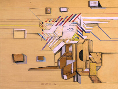 Airmail Table, 1972, Mixed media collage on panel, 20" x 26" © The Saul Steinberg Foundation/ARS, NY