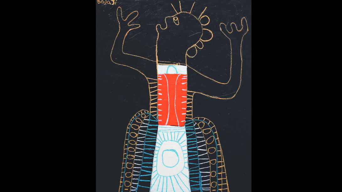Adébayo Bolaji, I Am Here, 2023, acrylic and oil pastel on cotton canvas, 130x160 cm. Courtesy the artist and Galerie Kremers