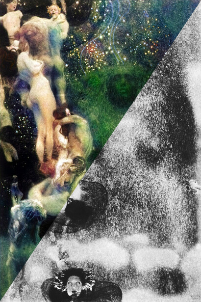 Gustav Klimt, Fakultätsbild „Die Philosophie“, 1900, historische Aufnahme im Vergleich zur Rekolorisierung (2021). Mit freundlicher Genehmigung des Unteren Belvedere