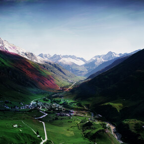 Florian Maier-Aichen, Untitled (Andermatt), 2014, C-print, 73 x 92 1/4 inches framed, Edition of 6, 2 AP. Courtesy of the artist; Blum & Poe, Los Angeles; Gagosian Gallery, New York; and 303 Gallery, New York