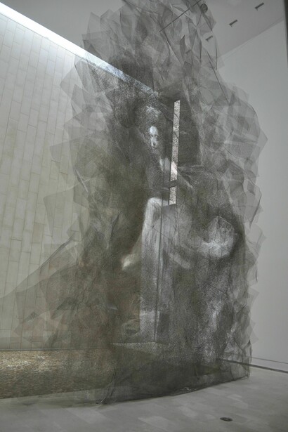 Seungmo Park, *Maya 942*, 2014, stainless steel, wire mesh, L155 x W18 x H276 in  