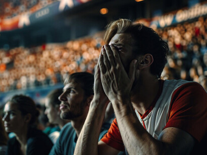 Un supporter se couvrant la bouche, reflet de la tension dans le stade