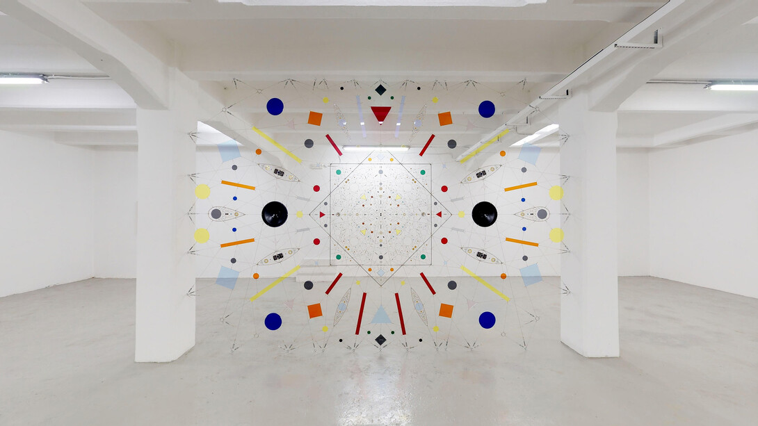 Technological Mandala 141 Perpetual nexus 00, 2019                                                                                                                                          
Electronic components, copper wires, varnish, lead, acrylic paint, steel, transparent perspex, brass wire, copper ferules, turnbuckles, mobile phone, 325x458 cm | 128x18½ inches
Courtesy: The Flat – Massimo Carasi 
Photo credit: The Flat
