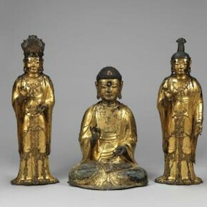 Amitabha triad , Korea, Goryeo dynasty (918–1392), dated 1333 , Gilt bronze. a) Buddha: 27 3/16 in. (69.1 cm) . b) Attendant bodhisattva, right: 34 1/4 in. (87 cm). c) Attendant bodhisattva, left: 34 1/4 in. (87 cm) 