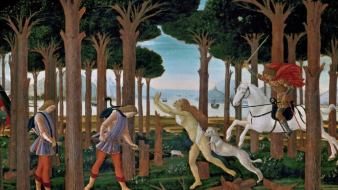 Escenas de La historia de Nastagio degli Onesti 1483. Técnica mixta sobre tabla, 83 x 138 cm.