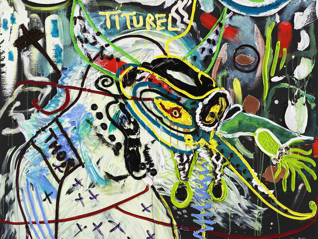 Jonathan Meese, DIE KLEINE FRISCHZELLENKUR "SCHNURRZN" GREIFT DIE WALDMEISTER BEDINGERLT BONONON, 2014, oil, acrylic, acrylic modelling paste and mixed media on canvas, 210,7 x 140,4 cm / 83 x 55 ¼ in. Courtesy Jonathan Meese et Galerie Daniel Templon, Paris. Photo Jan Bauer (detail)