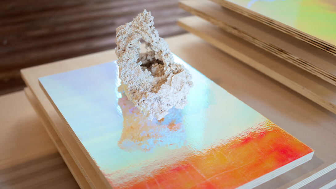 Laura Pugno, A futura memoria, 2018, jesmonite, multicolor film and wood, installation variable dimensions