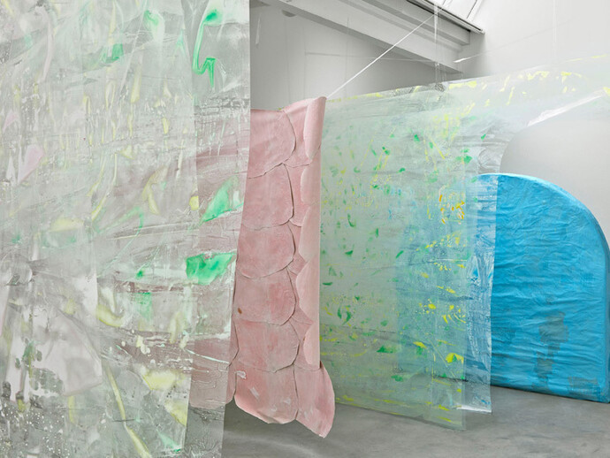 Karla Black, exhibition view, Modern Art, 13 October - 8 November 2014, Copyright the artist; Courtesy Stuart Shave/Modern Art, London, and Gisela Capitain, Cologne; Photography RG Image