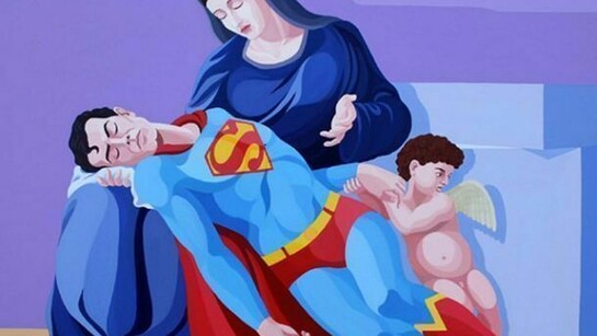 Giuseppe Veneziano, La pietà di Superman, 2010, Acrilico su tela, Courtesy Contini Galleria d'Arte.