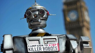 A protest against AI technology being used in military warfare in London, UK