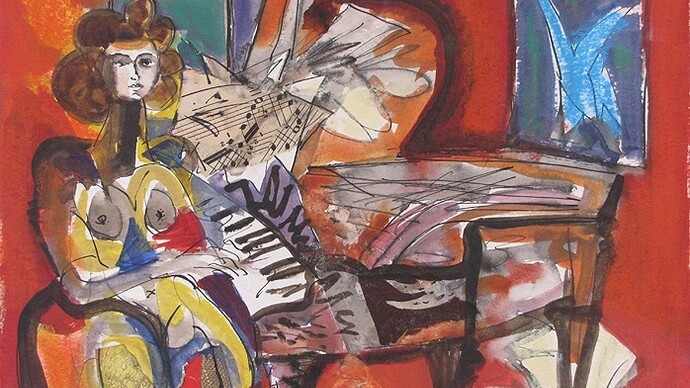 David McClure, Girl and Piano (red), 1981, collage on card, 20.5 x 28 cm