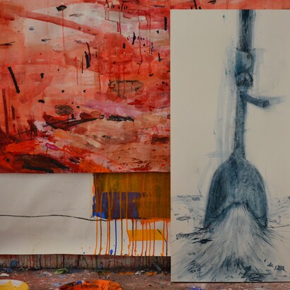 Giovanni Bonaldi, Il taglio dell'erba, 42 x 92 x 3 cm, tecnica mista su carta, 2015