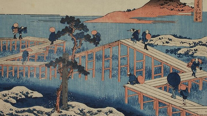Katsushika Hokusai, Seltene Ansichten berühmter Brücken in verschiedenen Provinzen: Die achtteilige Brücke bei Mikawa, um 1831/32, Farbholzschnitt, 23 x 34,5 cm © Privatsammlung, Wien