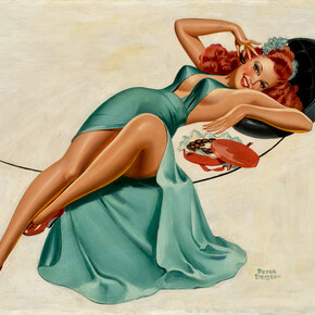 Driben Peter, Reclining Red Head in Green Dress with Chocolates, 24 x 35, Oil on Canvas