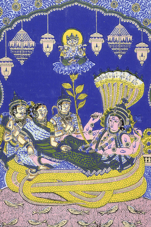 El dios Vishnu reclinado sobre la serpiente Ananta, en las aguas de Nara