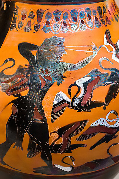Two compelling scenes depicted in ancient art: Herakles wielding a sling to defeat the Stymphalian birds and two maenads wrapped in a common cloak, offering valuable insights into Greek mythology and artistic representation