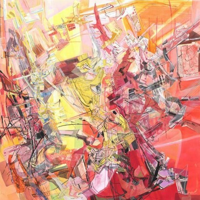 Iva Gueorguieva, Morning View, 2013, Acrylic, collage, and oil on canvas, 80 x 80 inches, 203.2 x 203.2 cm, Signed and dated on verso: "Iva Gueorguieva 2013"
