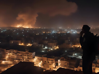 A man surveying a cityscape at night from a rooftop, contrasted against a backdrop of a city in turmoil, engulfed in flames from bomb attacks