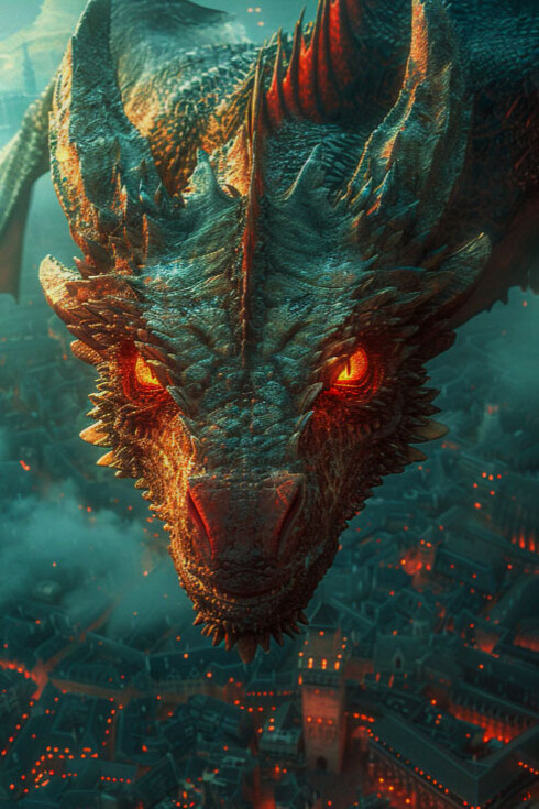 Un dragón sobrevolando un poblado. No quedan más posibilidades bajo ese cielo