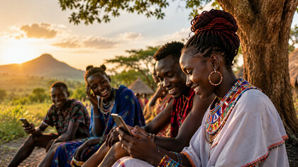 East African youth embracing connectivity while rooted in ancestral landscapes, representing a generation balancing heritage with global influence