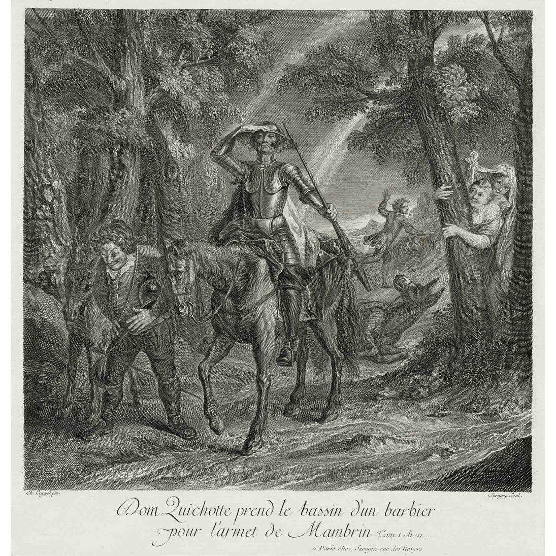 Louis Surugue père (French, 1686−1762) after Charles Coypel (French, 1694–1752) Don Quixote Mistakes the Basin of a Barber for the Helmet of Mambrino, 1723−24 Engraving Plate: 13 1/8 x 12 1/2 inches The Hispanic Society of America, New York (LQ 1681). Photo: George Koelle