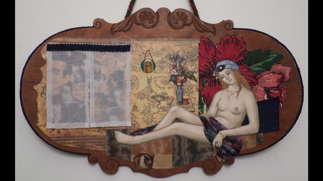 May DeViney, Odalisque, 24x14x3 inches; antique victorian chair back, toy packaging, antique and new fabrics, canvas, acrylic, braiding, and plastic. Courtesy of the artist and Viridian Artists Inc.