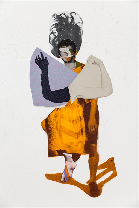 Sally Smart, The Choreography of the Cutting (Abstraction Movement) 2015, Synthetic polymer ink on fabric with collage elements, 150 x 68 cm