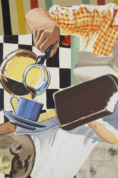 David Salle, Pour, Blanket, Wind, 2013, oil and acrylic on canvas and linen with blanket, 215.9 x 190.5 cm, © the artist, courtesy Maureen Paley, London
