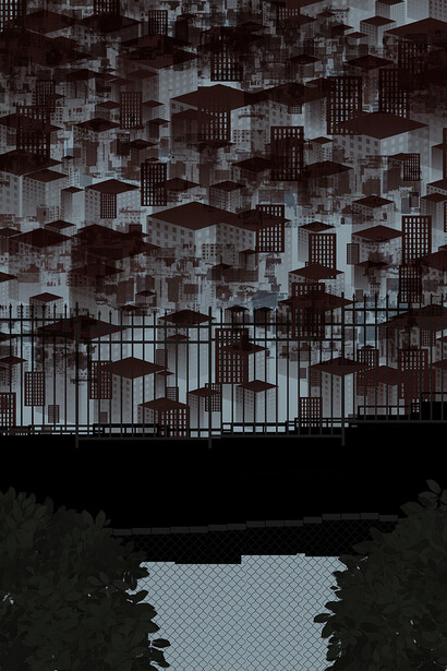 Alisha Sanchez, Dystopian City, 2023, Digital art print, 10 × 8 in | 25.4 × 20.3 cm. Courtesy of Fountain House Gallery