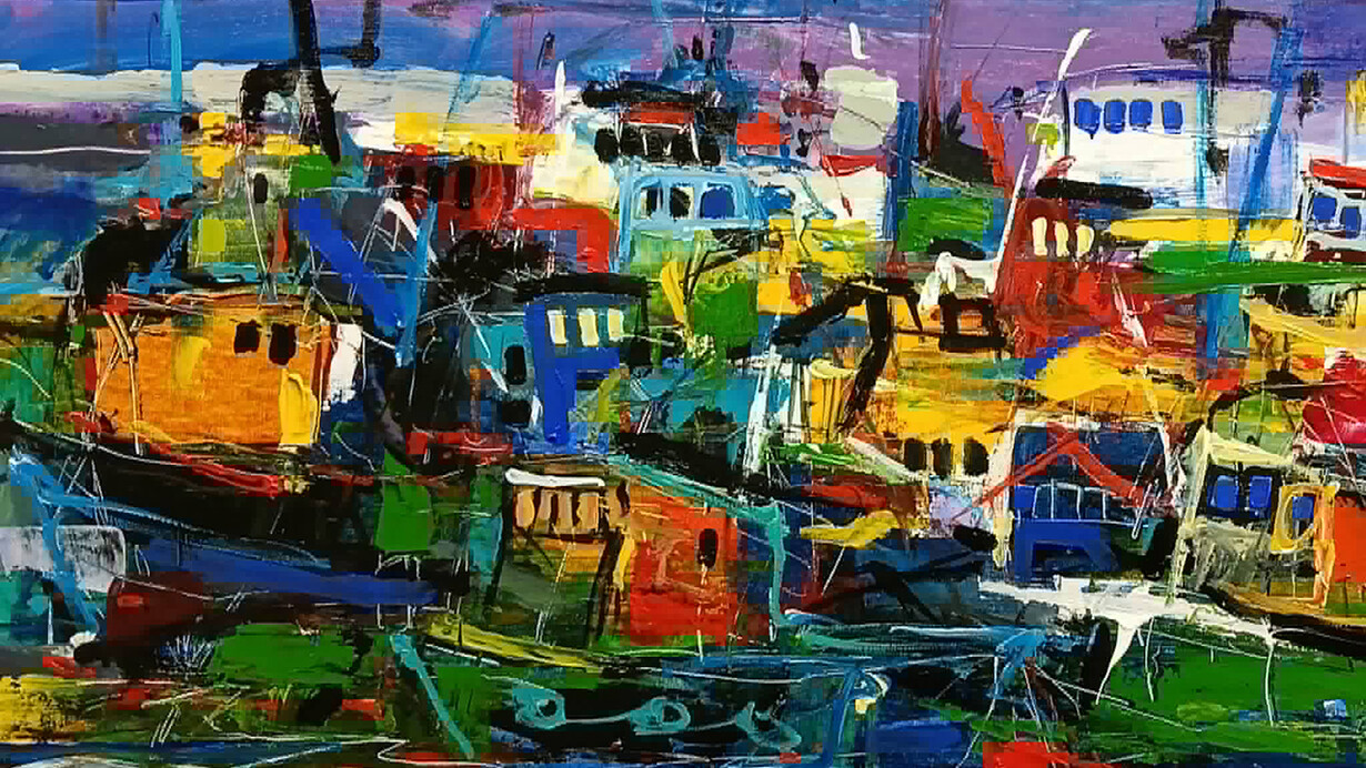 Pintura de Rubén Schneider. Barcos coloridos atracados en el muelle de un puerto de pescadores
