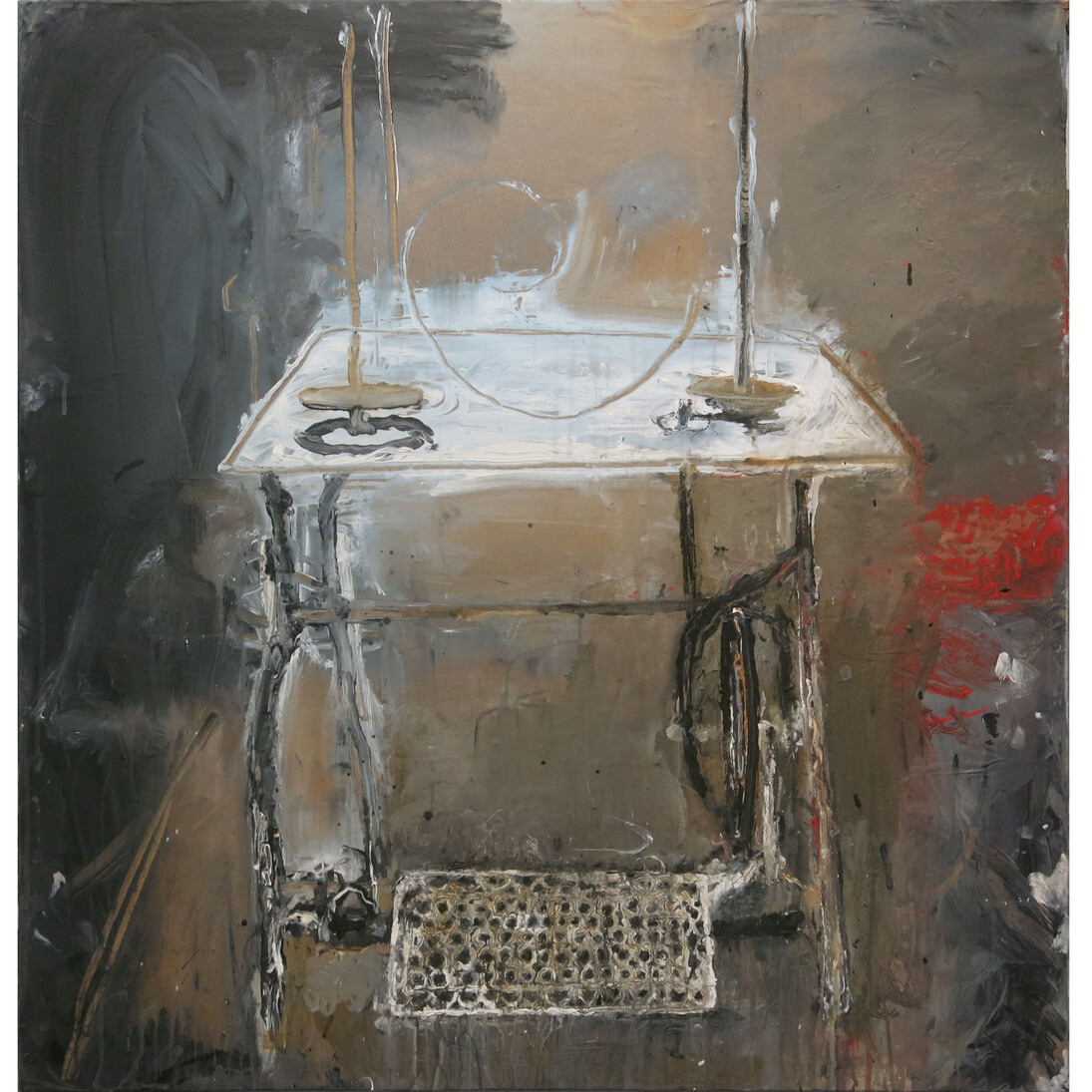 June Leaf, Portrait of Treadle Sculpture, 2013-2014 , Acrylic on paper on canvas, 43.75h x 40w in.