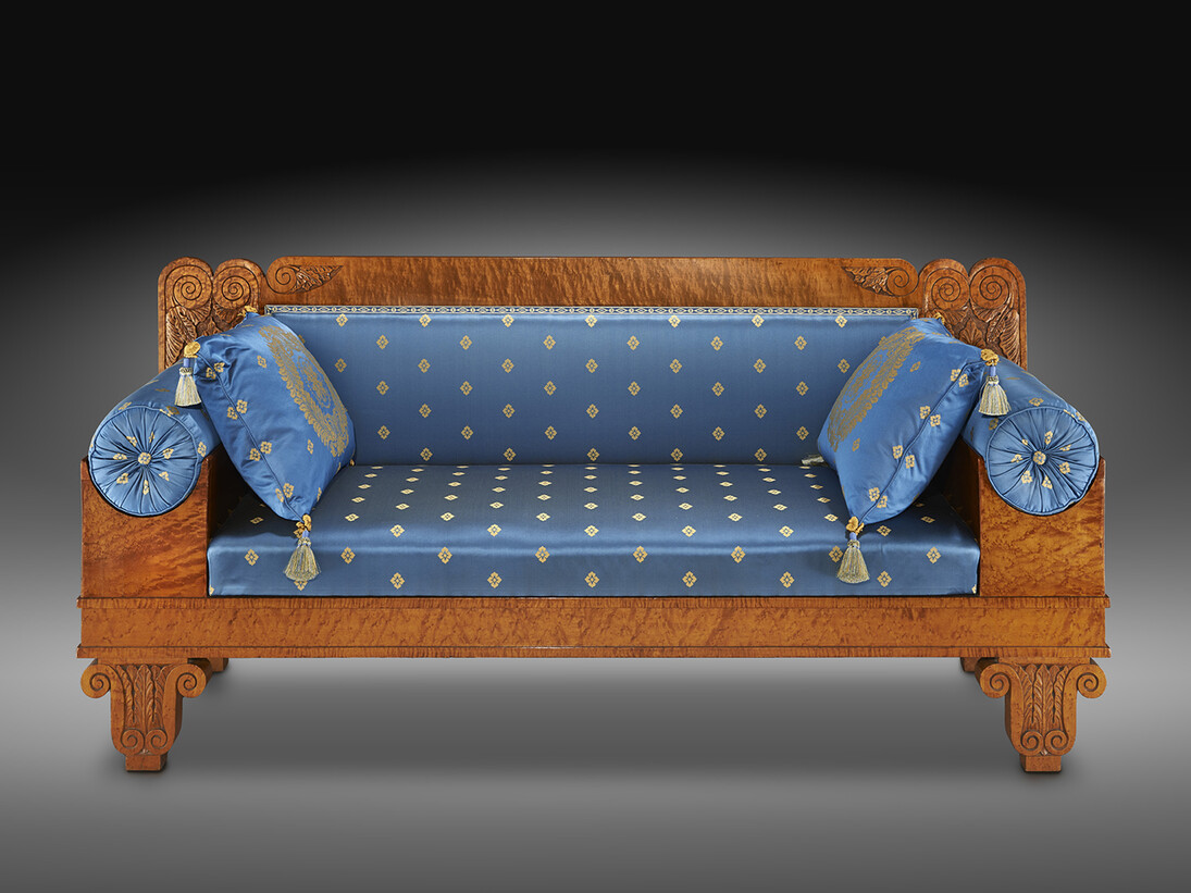 Sofa, about 1825, Philadelphia, Pennsylvania, Curly maple (secondary woods: ash and poplar), 33 1/8 in. high, 71 3/4 in. long, 22 3/8 in. deep. Photo credit: Jon Van Gorder