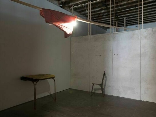 Josh Tonsfeldt, Untitled, 2013, wood, half a chair, half a formica table and eighteen plaster fiberglass and wood panels, each: 36 x 89 in. / 91.44 x 226.06 cm.