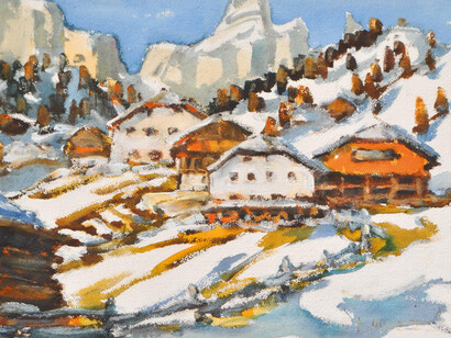 Seiser Alm (Alpe di Siusi): è il più vasto altopiano d'Europa, situato tra le vette delle Dolomiti come il Schlern e la catena del Langkofel-Plattkofel. Qui rappresentato in un acquerello di Hubert Mumelter, "Alpe di Siusi d‘inverno"