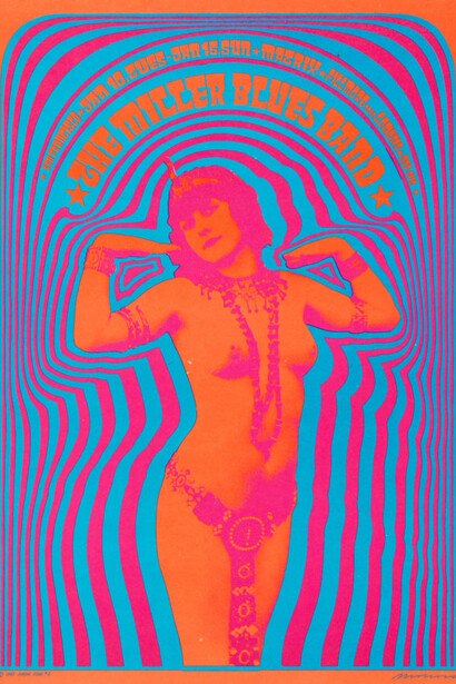 Poster, The Miller Blues Band, 1967; Designed by Victor Moscoso (Spanish, active USA, b.1936); offset lithograph on white wove paper; 50.3 x 35.8 cm (19 13/16 x 14 1/8 in.); Gift of Mr. and Mrs. Leslie J. Schreyer; 1979-34-38; Cooper Hewitt, Smithsonian Design Museum. Photo: Matt Flynn © Smithsonian Institution
