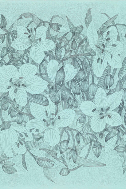 Margot Glass, Spring beauty (on blue ground) (detail), 2025. Courtesy of Kenise Barnes Fine Art