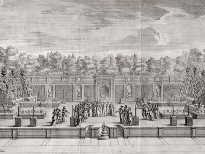 Teresa del Po, Festa della famiglia Chigi in onore di dame della famiglia Rospigliosi, 1668, dettaglio, acquaforte, 214 x 402 mm, Roma, Museo di Roma, inv GS 118