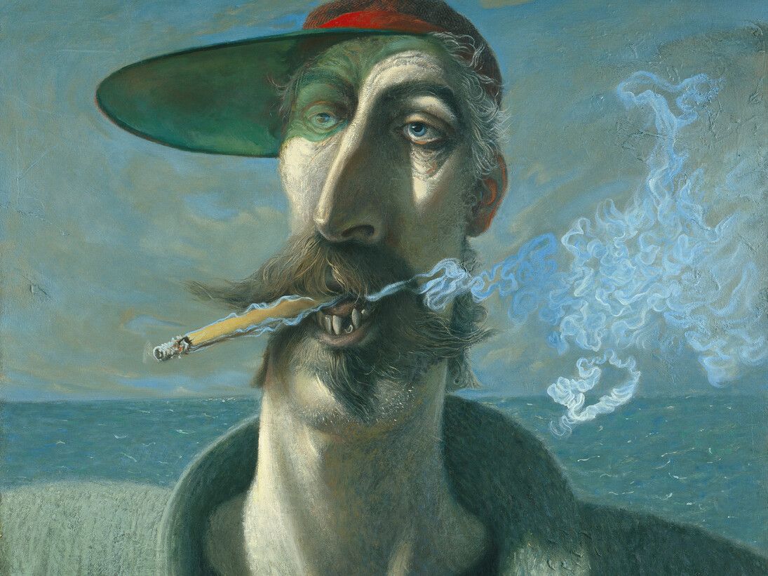 Self-portrait with Yellow Cigarette, Oil on board, Size 76.3 x 76.4 cm, Manchester City Art Gallery, © John Byrne / Bridgeman images

