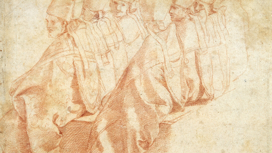 Raphael, properly Raffaello Sanzio or Santi (Urbino 1483 – 1520 Rome); Eight seated Bishops, c. 1516; red chalk, 26.1 × 31.8 cm. State Academy Collection / Sammlung der Kunstakademie (NRW)